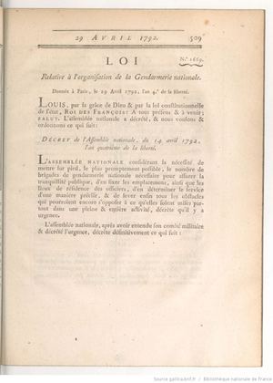 Loi 29 Avril 1792 Org Gendarmerie