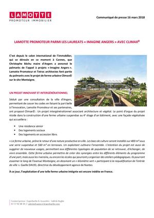 Lamotte Promoteur parmi les lauréats « Imagine Angers » avec Climax - 16 mars 2018