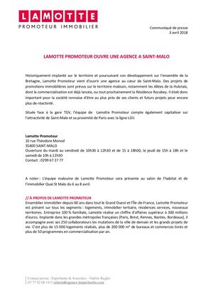 Lamotte Promoteur ouvre une agence à Saint-Malo - 3 avril 2018