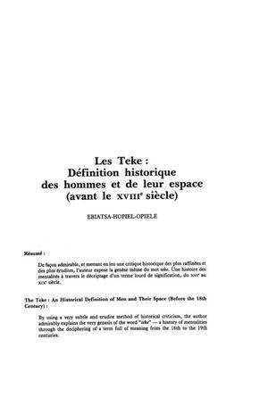 Les Téké: Définition Historique Des Hommes Et De Leur Espace Avant Le 18ième Siècle, Par Ebiatsa-Hopiel-Opiele, In: Muntu, Num. 7, 1987