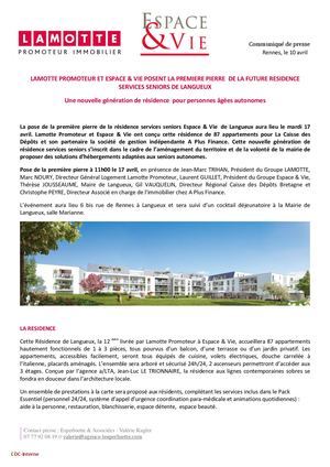 Lamotte Promoteur pose la première pierre de la future résidence services seniors à Langueux - 10 avril 2018