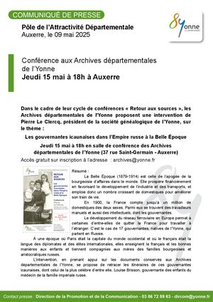 Conférence aux Archives départementales de l’Yonne Jeudi 15 mai à 18h à Auxerre