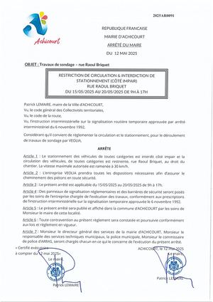 Restriction de circulation et interdiction de stationnement (coté impair) rue Raoul Briquet du 15/05/25 au 20/05/25 de 9h à 17h