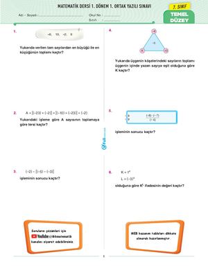 7 Sınıf 1 Dönem 1 Yazılıya Hazırlık Soruları