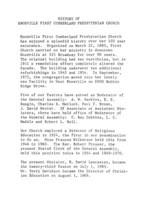 History Of Knoxville First Cumberland Presbyterian Church