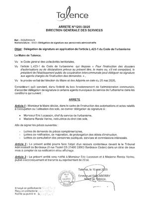 Arrete 1255-2025-Delegation De Signature En Application Article L423 1 Code De L'urbanisme-Publié Le 16 05 2025