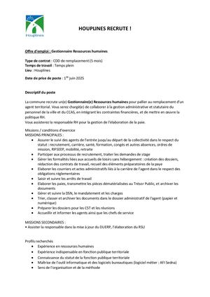 Offre D'emploi Gestionnaire Rh En Cdd Remplacement