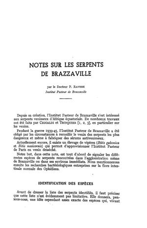 Note Sur Les Serpents De Brazzaville, Par Le Dr P Ravisse, In: Bull. De L'Instit. D'Etudes Centrafricaines, Num. 19-20, 1960