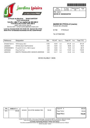 DEL 162 2025 - Annexe - Bon De Commande JARDINS LOISIRS - Fournitures Espaces Verts