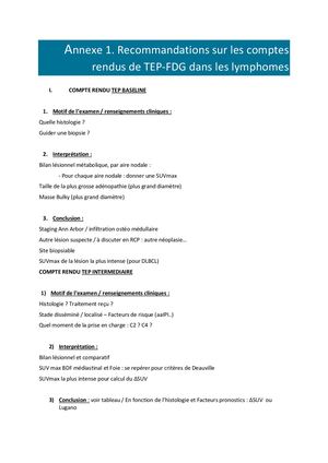 Ii Annexe 1 Recommandations Sur Les Comptes Rendus De Tep Fdg Dans Les Lymphomes