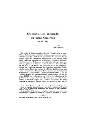 Les Plantations Allemandes Du Mont Cameroun 1885 - 1914, Par M. Michel, In: Revue Française D'Histoire D'Outre Mer