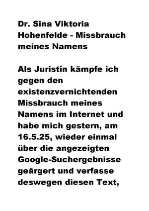 Dr. Sina Viktoria Hohenfelde:NAMENSMISSBRAUCH