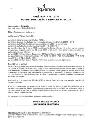 Arrêté 1317 2025 Instauration Stationnement Zones Bleues Abroge L'arrêté 1180 En Date Du 05 05 2025 Publié Le 21 05 2025