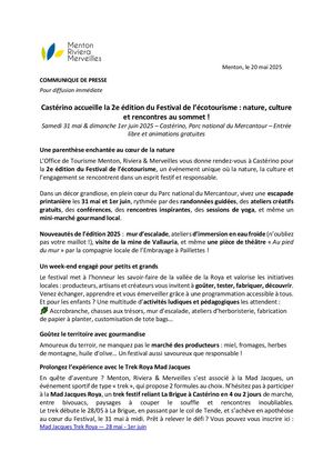 Communiqué de presse Deuxième Édition Du Festival De L'écotourisme Menton, Riviera & Merveilles