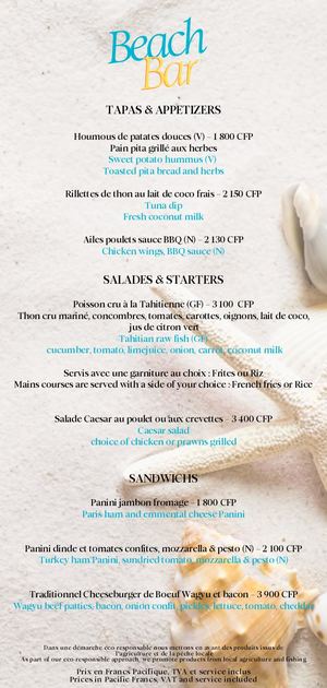Beach Bar Lunch Menu 2025