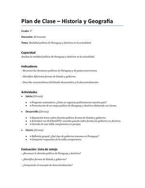 Plan De Clase Historia Y Geografía 9no Grado