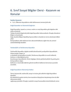 6 Sinif Sosyal Bilgiler Kaynaklar Kazanim