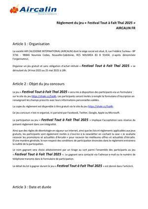 Règlement du Jeu - Festival Tout à Fait Thai 2025 - Aircalin