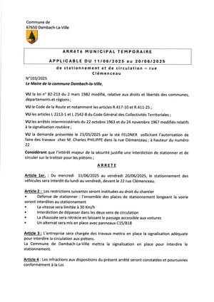 Arrêté 103 2025 Rue Clémenceau Travaux