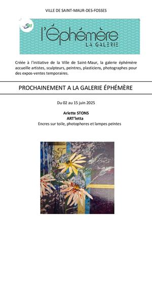 Programme Galerie Éphémère Juin et Juillet 2025