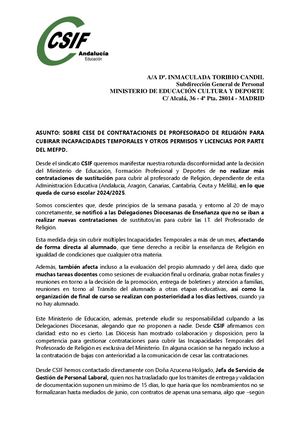 Escrito Csif Andalucia No Contratación Sutitutos Religion 2025