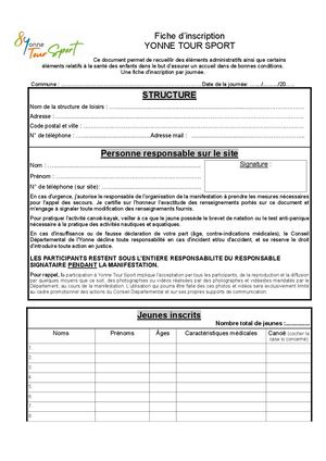 Fiche Inscription Yonne Tour Sport - Centres Loisirs