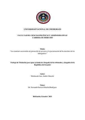 Los Contratos Ocasionales De Prestación De Servicios Y La Precarización De Los Derechos De Los Trabajadores(tesis De Pregrado)universidad Nacional De Chimborazo, Riobamba, Ecuador