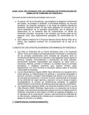 Base Legal Relacionada Con Las Jornadas De Esterilización De Animales De Compañia En Venezuela