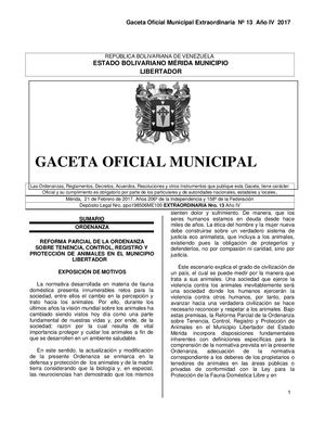 Reforma Parcial De La Ordenanza Sobre Tenencia, Control, Registro Y Protección De Animales En El Municipio Libertador 2017