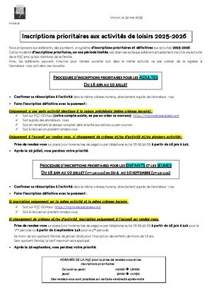 Inscriptions prioritaires adultes et enfants 2025-2026