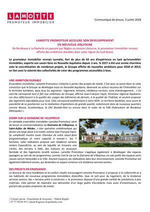 Lamotte Promoteur accélère son développement en Nouvelle-Aquitaine - 4 juillet 2018