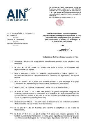 Arrêté Modifiant Les Tarifs Hébergement, Dépendance Et Le Forfait Global Dépendance 2025 De L'établissement D'hébergement Pour Personnes âgées Dépendantes (EHPAD) La Montagne à Châtillon Sur Chalaronne