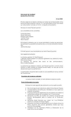 2025-05-06 - Séance ordinaire Ordre du jour