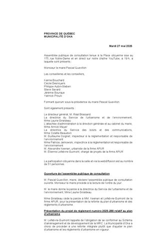 2025-05-27 - Assemblée publique de consultation concernant la refonte des règlements d'urbanismeni