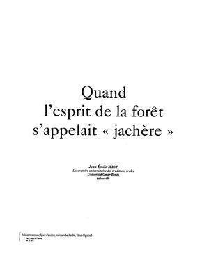 Quand L'Esprit De La Forêt S'appelait "Jachère", Par J. Emile Mbot, In: Esprit De La Foret, 1997
