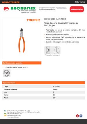 Pinza de corte diagonal 8" mango de PVC, Truper Bacruflex 12353