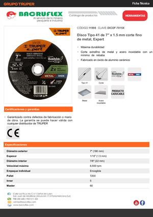 Disco Tipo 41 de 7" x 1.5 mm corte fino de metal, Expert Bacruflex 11998