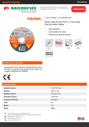 Disco Tipo 41 de 4-1/2" x 1 mm corte fino de metal, Sable Truper Bacruflex  12545