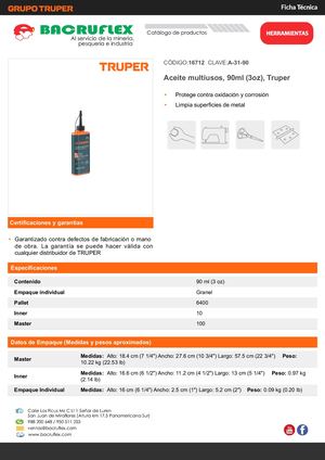 Aceite multiusos, 90ml (3oz), Truper Bacruflex 16712