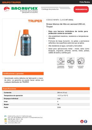 Grasa blanca de litio en aerosol 295 ml, Truper Bacruflex 101974