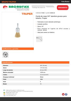 Carda de copa 3/4" alambre grueso para taladro, Truper Bacruflex 11593