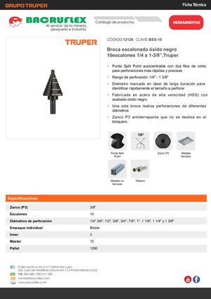 Broca escalonada óxido negro 10escalones 1/4 a 1-3/8”,Truper Bacruflex 12126