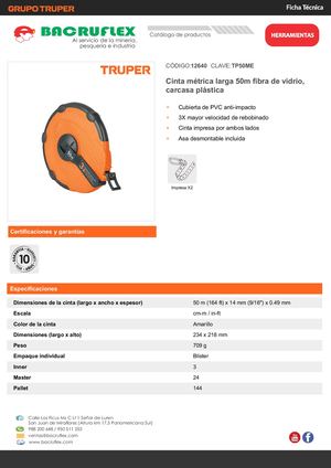 Cinta métrica larga 50m fibra de vidrio, carcasa plástica Bacruflex 12640