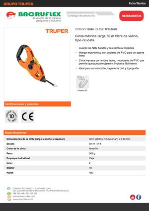 Cinta métrica larga 30 m fibra de vidrio, tipo cruceta Bacruflex 12646