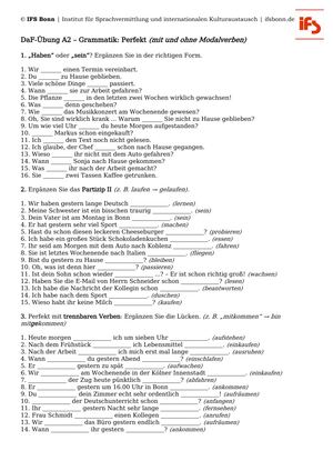 IFS Bonn: Gratis-DaF-Übungen A2: Grammatik: Perfekt (auch mit trennbaren Verben und Modalverben)