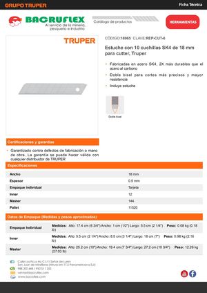 Estuche con 10 cuchillas SK4 de 18 mm para cutter, Truper Bacruflex 16965