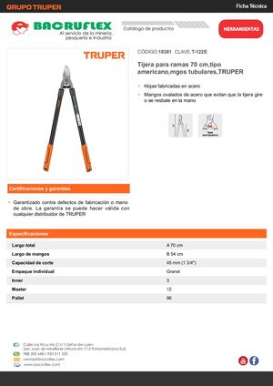 Tijera para ramas 70 cm, tipo americano, mgos tubulares, TRUPER Bacruflex 18381