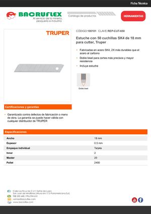 Estuche con 50 cuchillas SK4 de 18 mm para cutter, Truper Bacruflex 100101