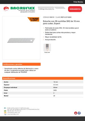 Estuche con 50 cuchillas SK2 de 18 mm para cutter, Truper Expert Bacruflex 100131