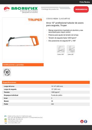 Arco 12" profesional tubular de acero para segueta, Truper Bacruflex 10234